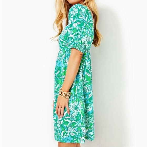 Lily Pulitzer Delaney Green Floral Print Babydoll Square Neck Dress 12 - Picture 2 of 10